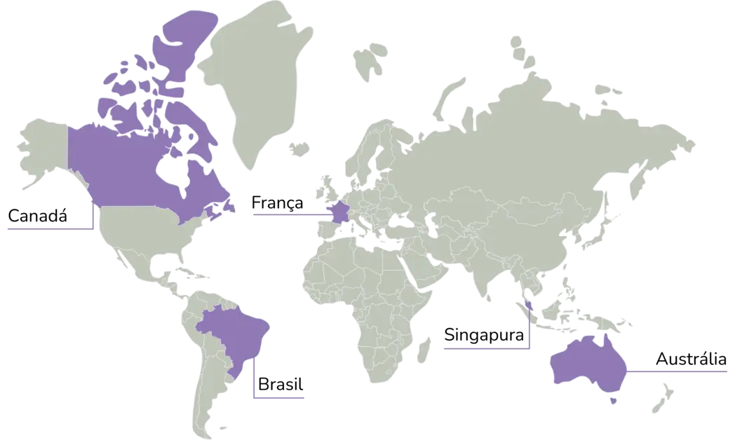 Mapa com atuação da Leadmedia: Canadá, Brasil, França, Singapura e Austrália